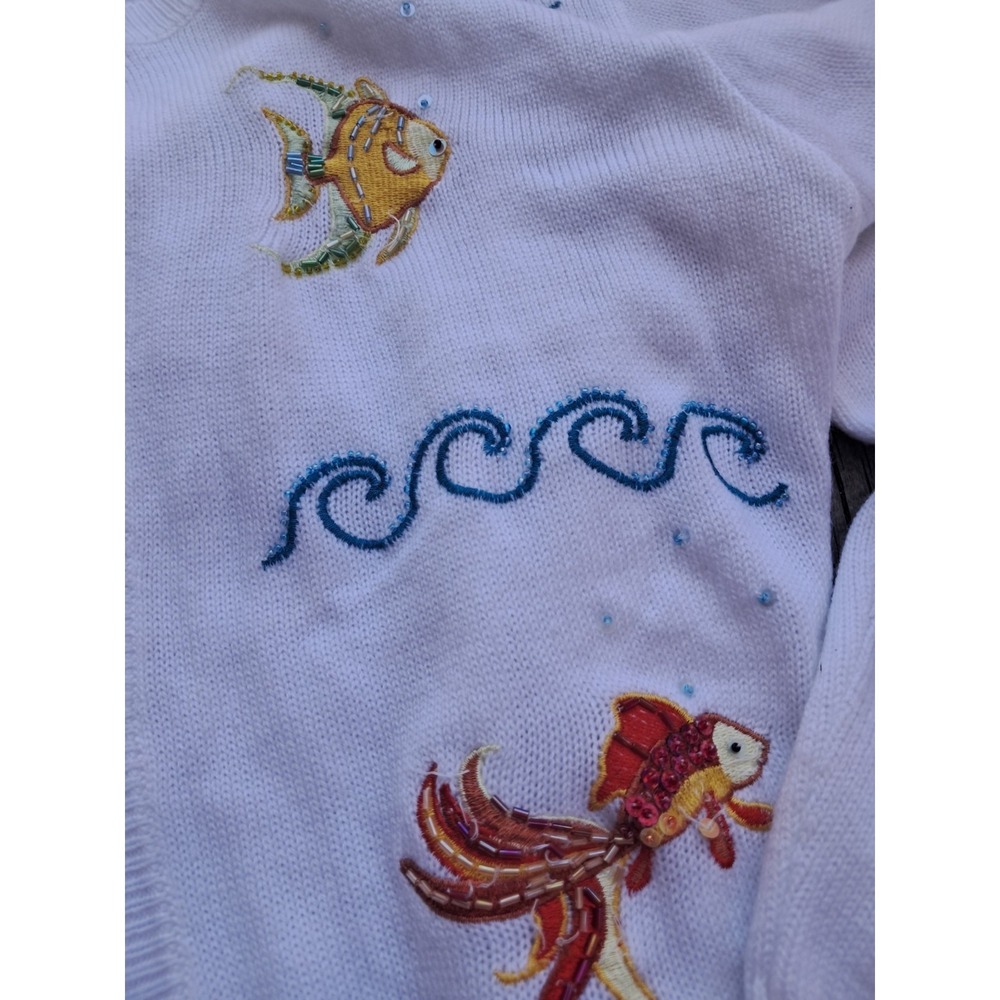Nordstrom L White Beaded Embroidered Fish Grannycore 5c - Picture 2 of 3